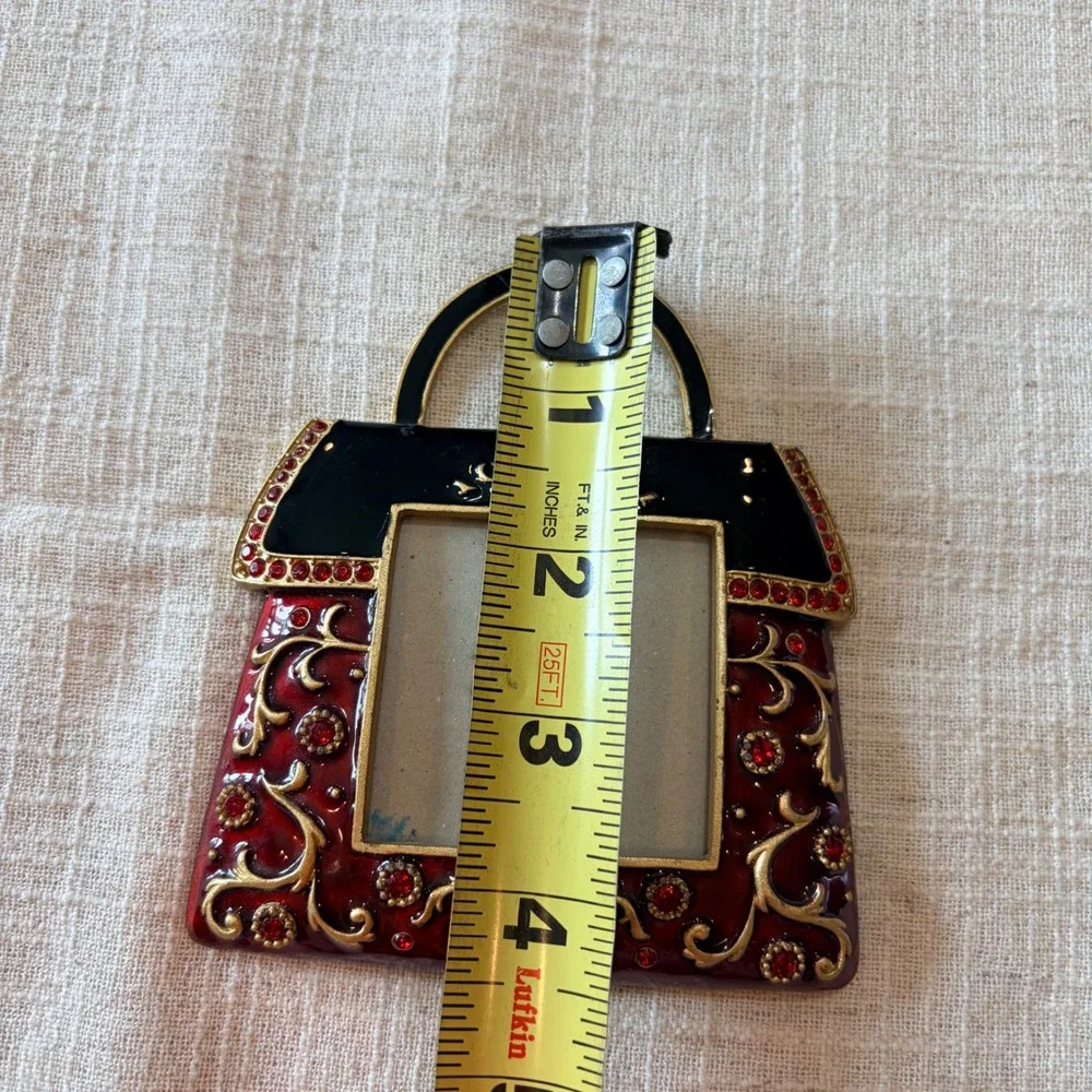 Vintage Style Handbag Mini Photo Frame Burgundy Red Enamel Rhinestone Purse 4in